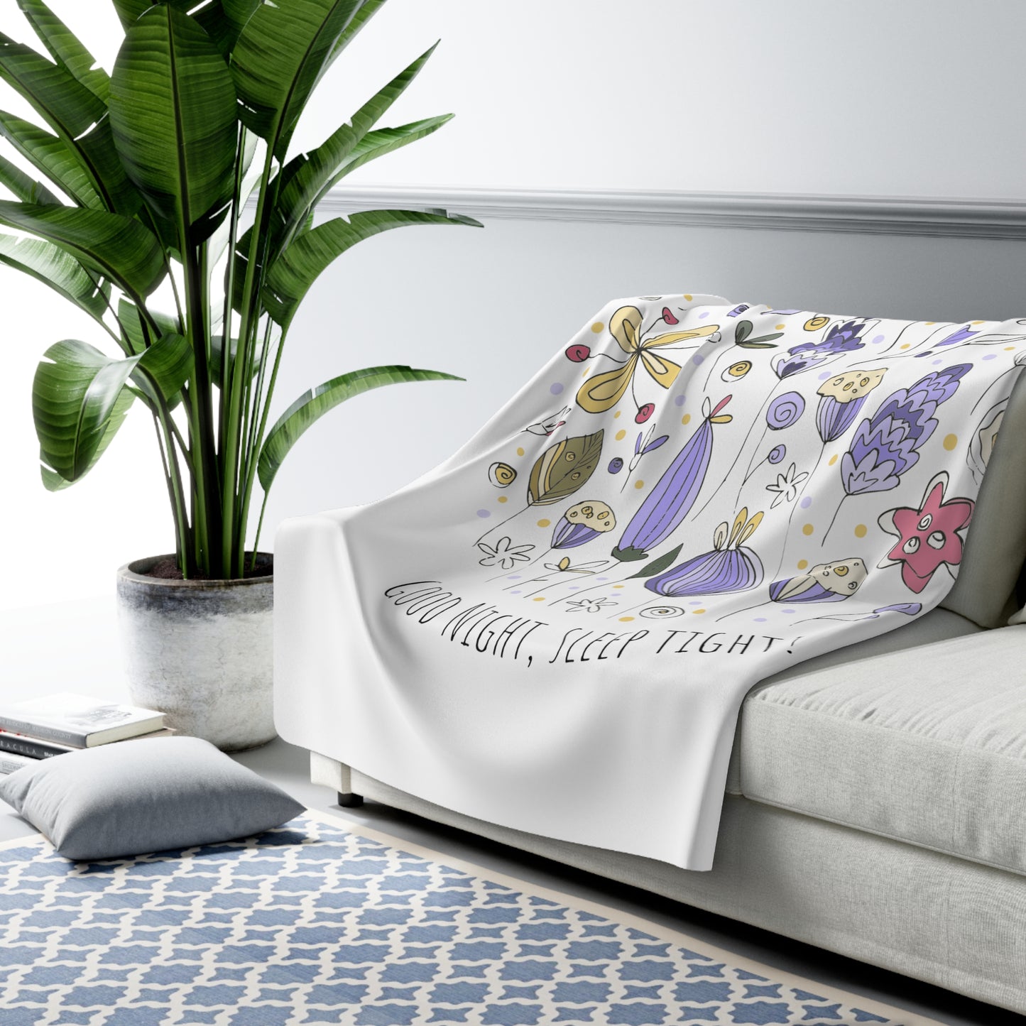 Good Night, Sleep Tight! Purple Flowers Fleece Throw Blanket
