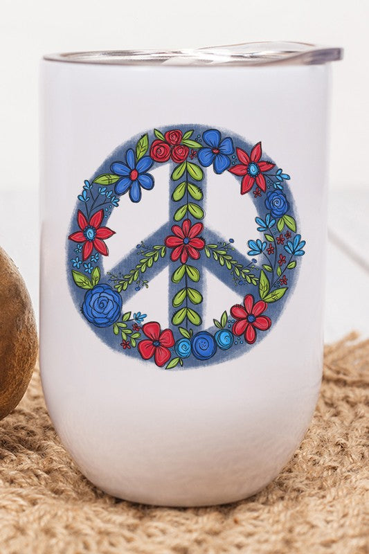 Patriotic Floral Peace Sign Wine Cup Tumbler