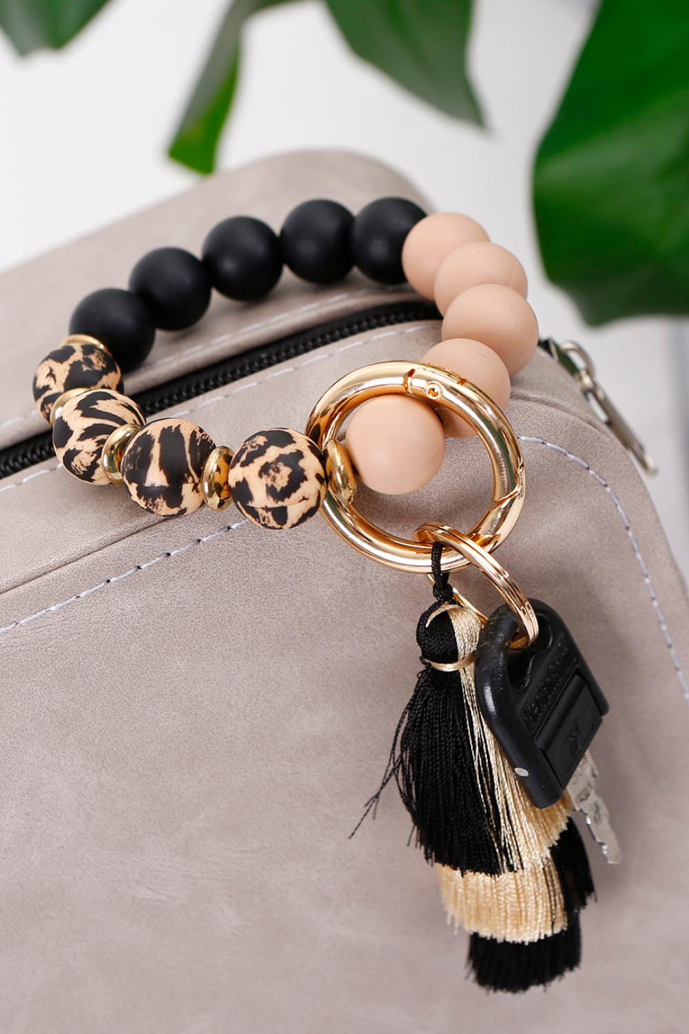 Animal Print Beaded Keychain with Layered Tassel
