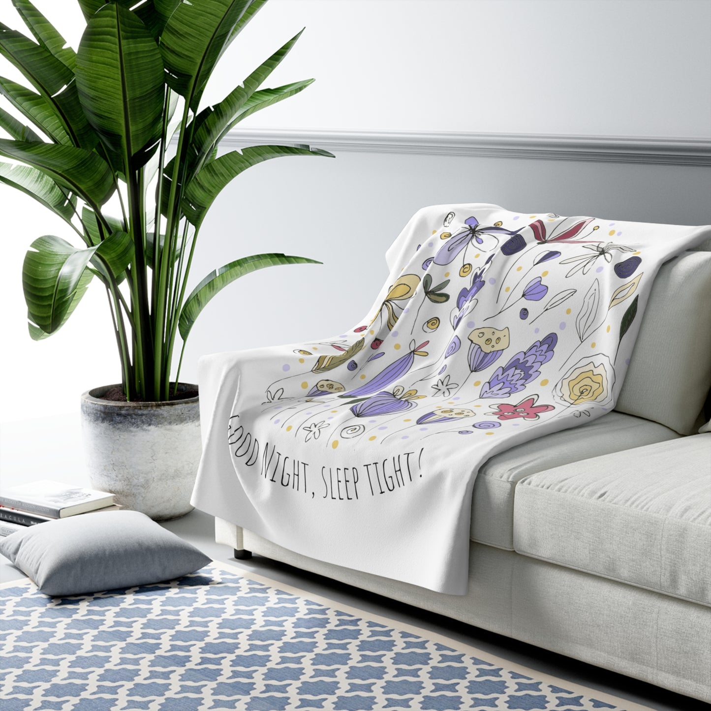 Good Night, Sleep Tight! Purple Flowers Fleece Throw Blanket