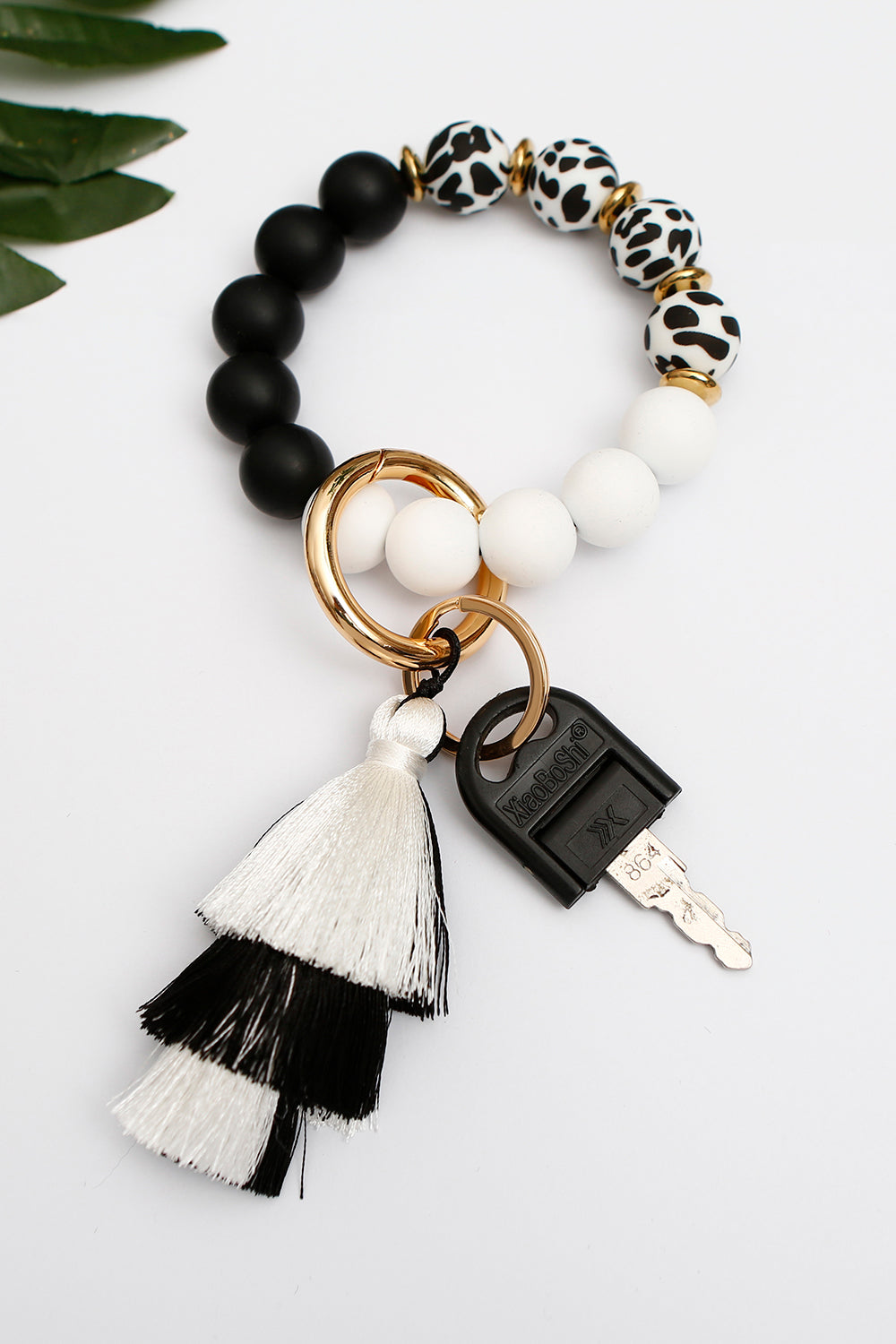 Animal Print Beaded Keychain with Layered Tassel