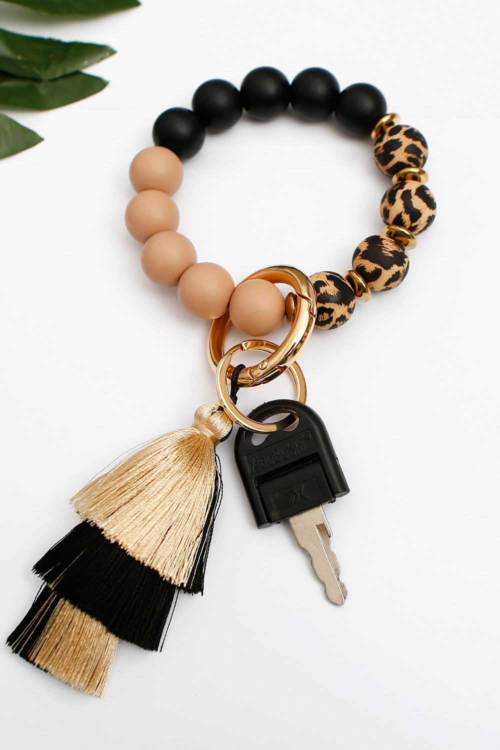 Animal Print Beaded Keychain with Layered Tassel