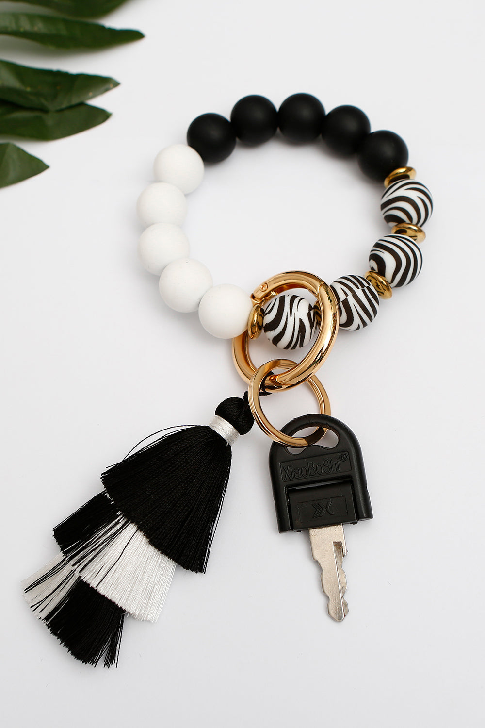 Animal Print Beaded Keychain with Layered Tassel