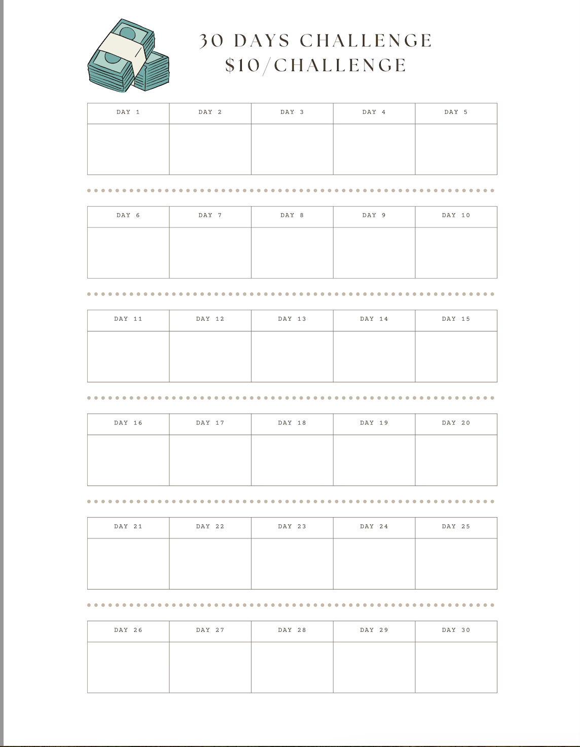 $10 A Day Challenge - 30 Day Tracker - Digital Download