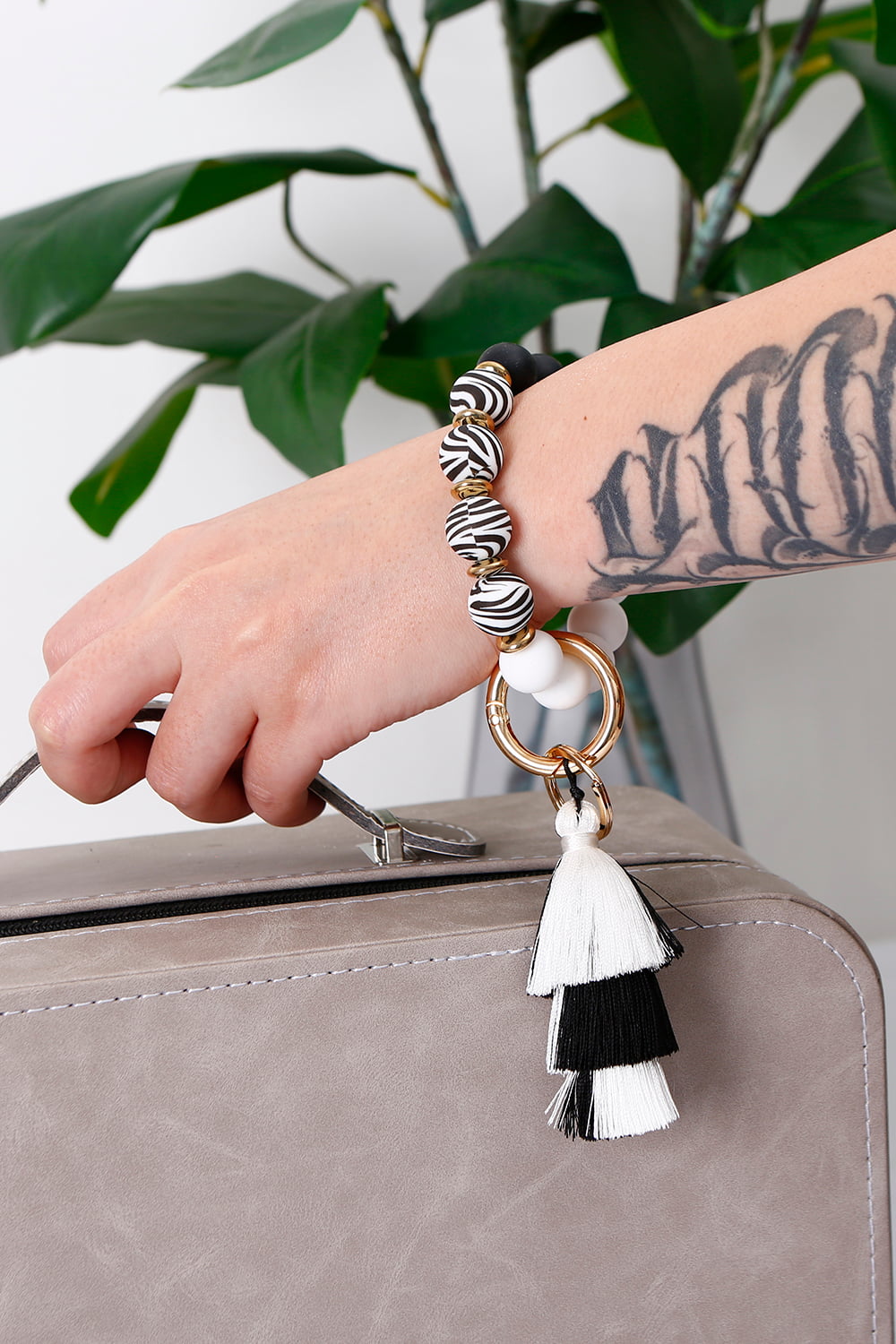 Animal Print Beaded Keychain with Layered Tassel