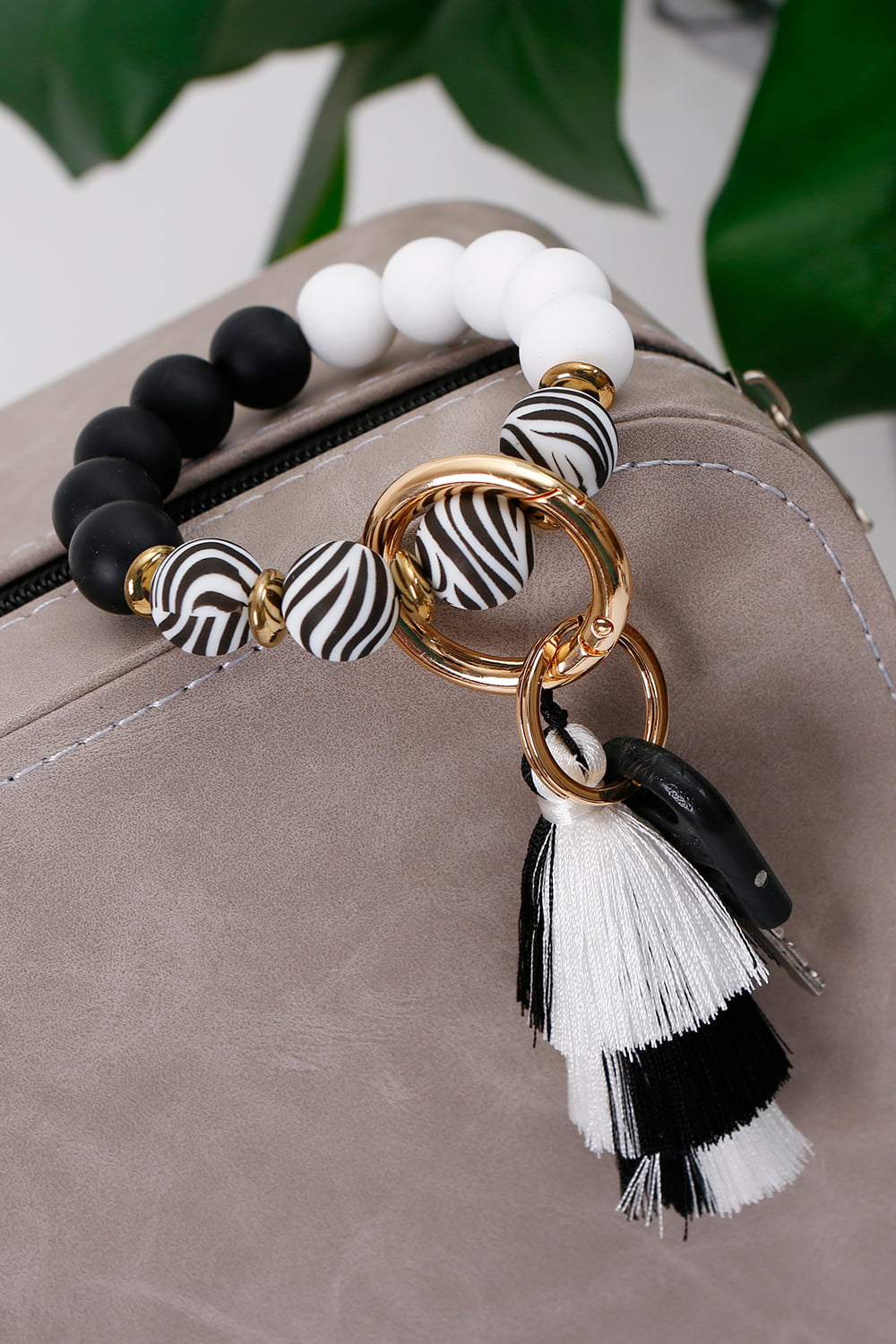Animal Print Beaded Keychain with Layered Tassel