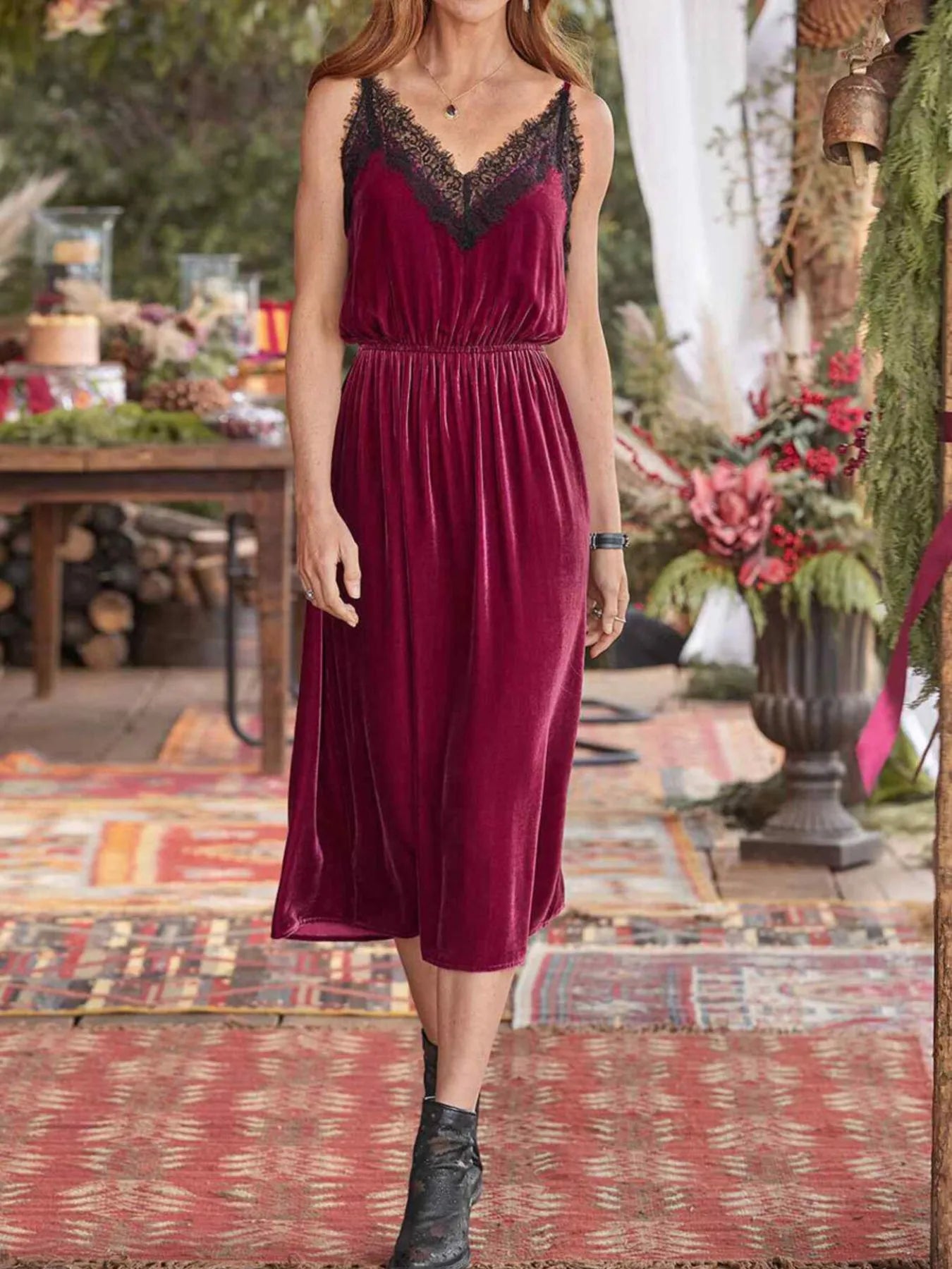Velvet Cami Lounge Dress with Lace Trim Burgundy / L Velvet Cami Lounge Dress with Lace Trim Burgundy / L