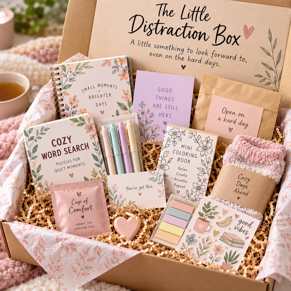 AI-generated concept mockup of The Little Distraction Box; final box contents may differ