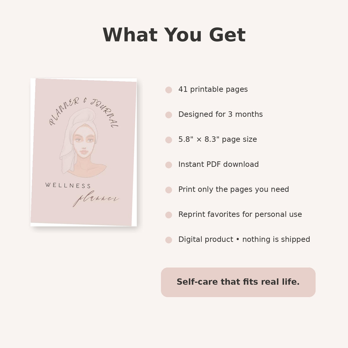 What is included in the 41-page printable self-care wellness planner