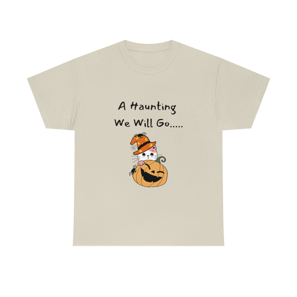 A Haunting We Will Go Pumpkin Cat Spooky Trendy Preppy Cute Funny Halloween Heavy Cotton Tee - The Good Life Vibe