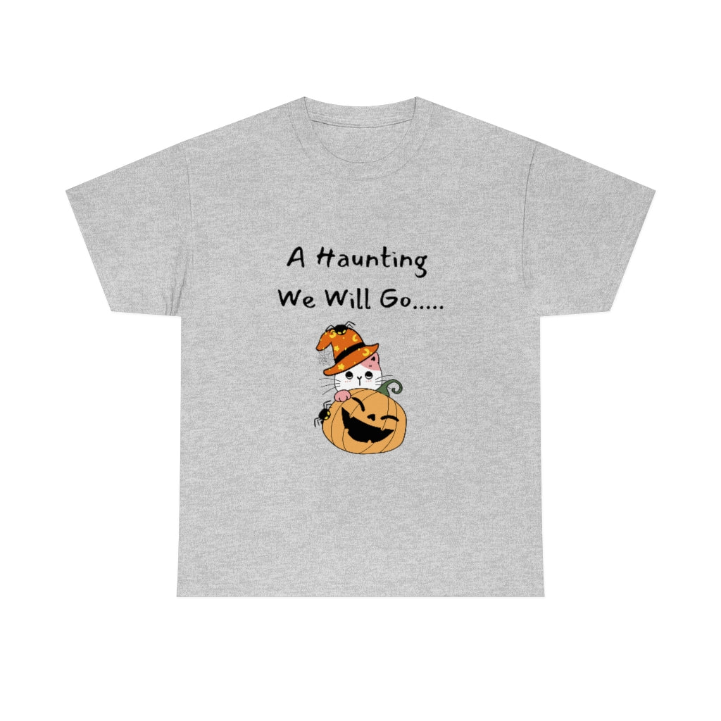 A Haunting We Will Go Pumpkin Cat Spooky Trendy Preppy Cute Funny Halloween Heavy Cotton Tee - The Good Life Vibe