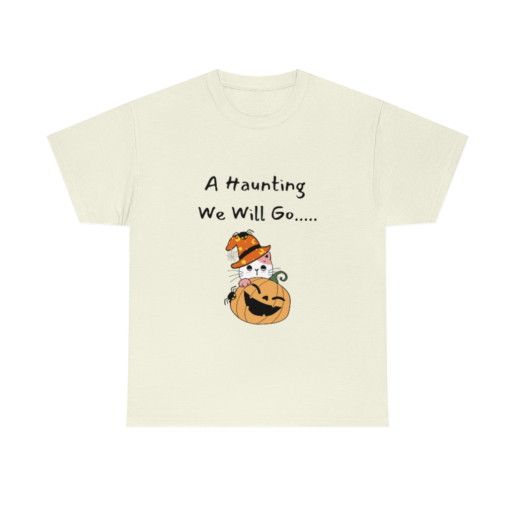 A Haunting We Will Go Pumpkin Cat Spooky Trendy Preppy Cute Funny Halloween Heavy Cotton Tee - The Good Life Vibe