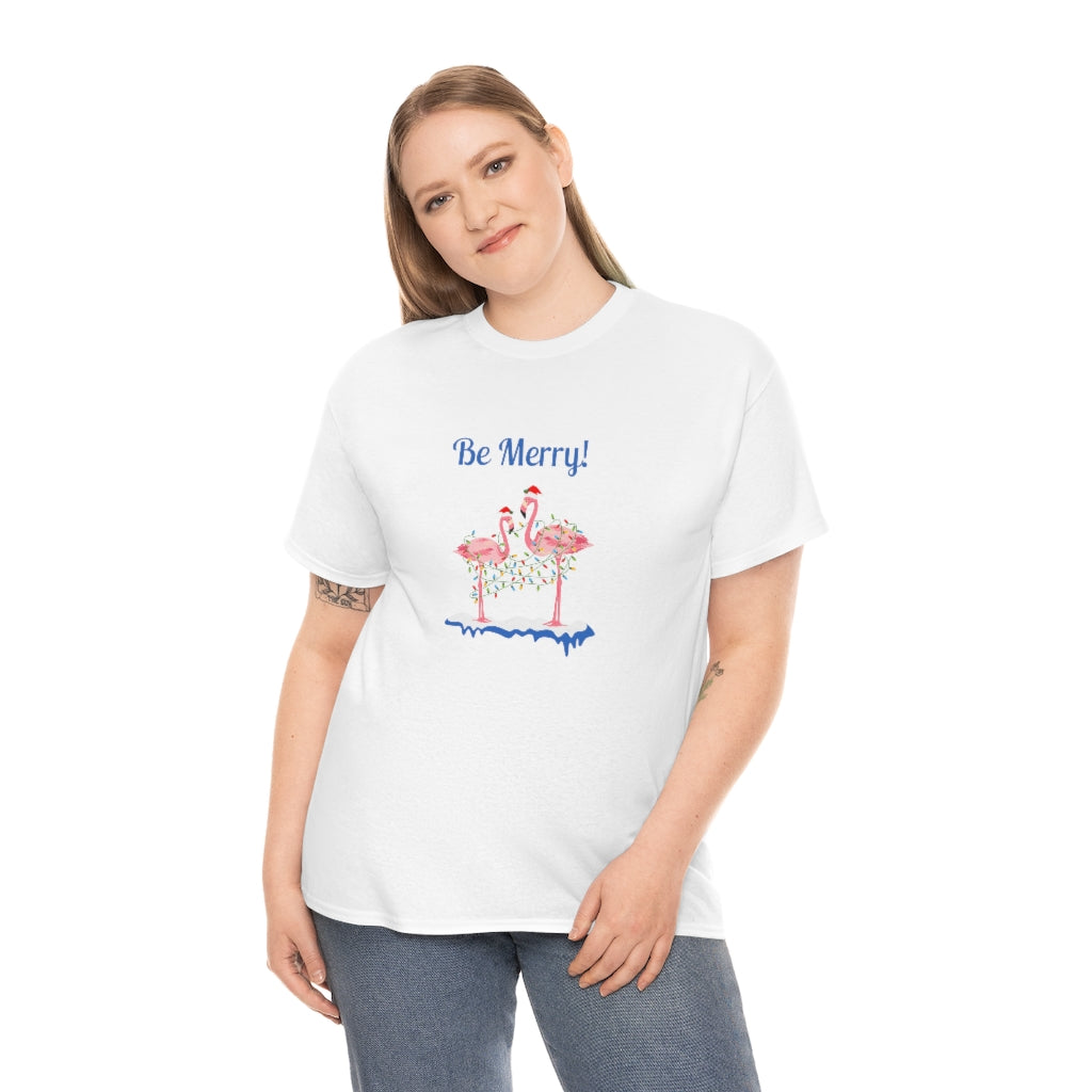 Be Merry Flamingo Tee Christmas Flamingo Tshrt Flamingo Lover T-shirt Cute Christmas Tee Flamingo Christmas Lights Tee - The Good Life Vibe