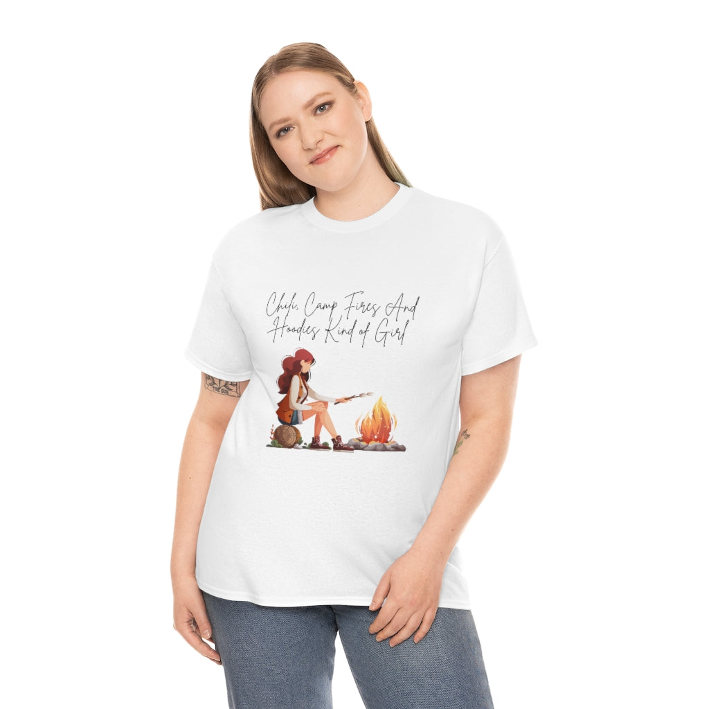 Chili, Camp Fires and Hoodie Kind of Girl Tshirt Fall Tee Camping T-shirt Autumn Clothes Outdoor Lover Shirt Chili Lover Camp Fire Lover - The Good Life Vibe