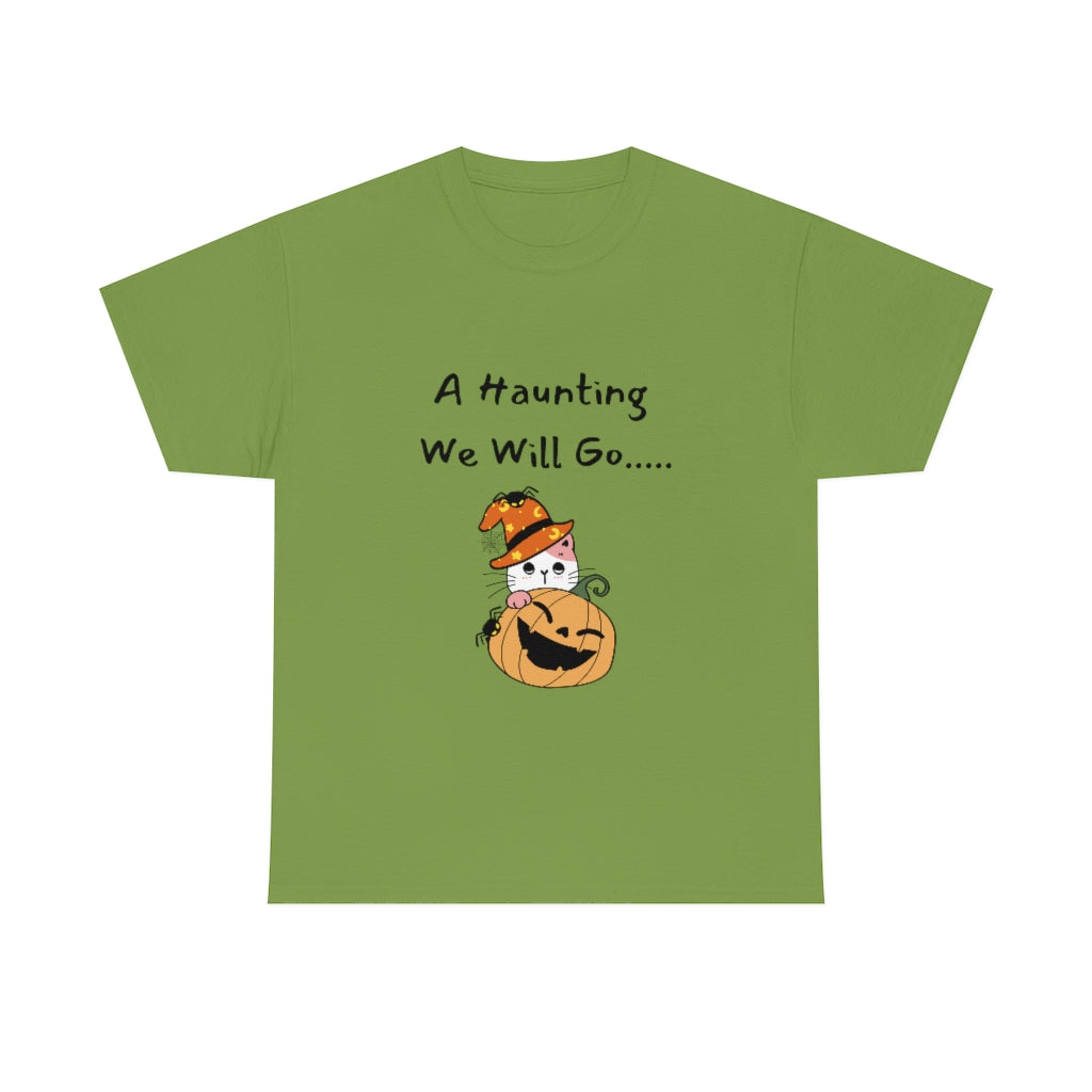 A Haunting We Will Go Pumpkin Cat Spooky Trendy Preppy Cute Funny Halloween Heavy Cotton Tee - The Good Life Vibe