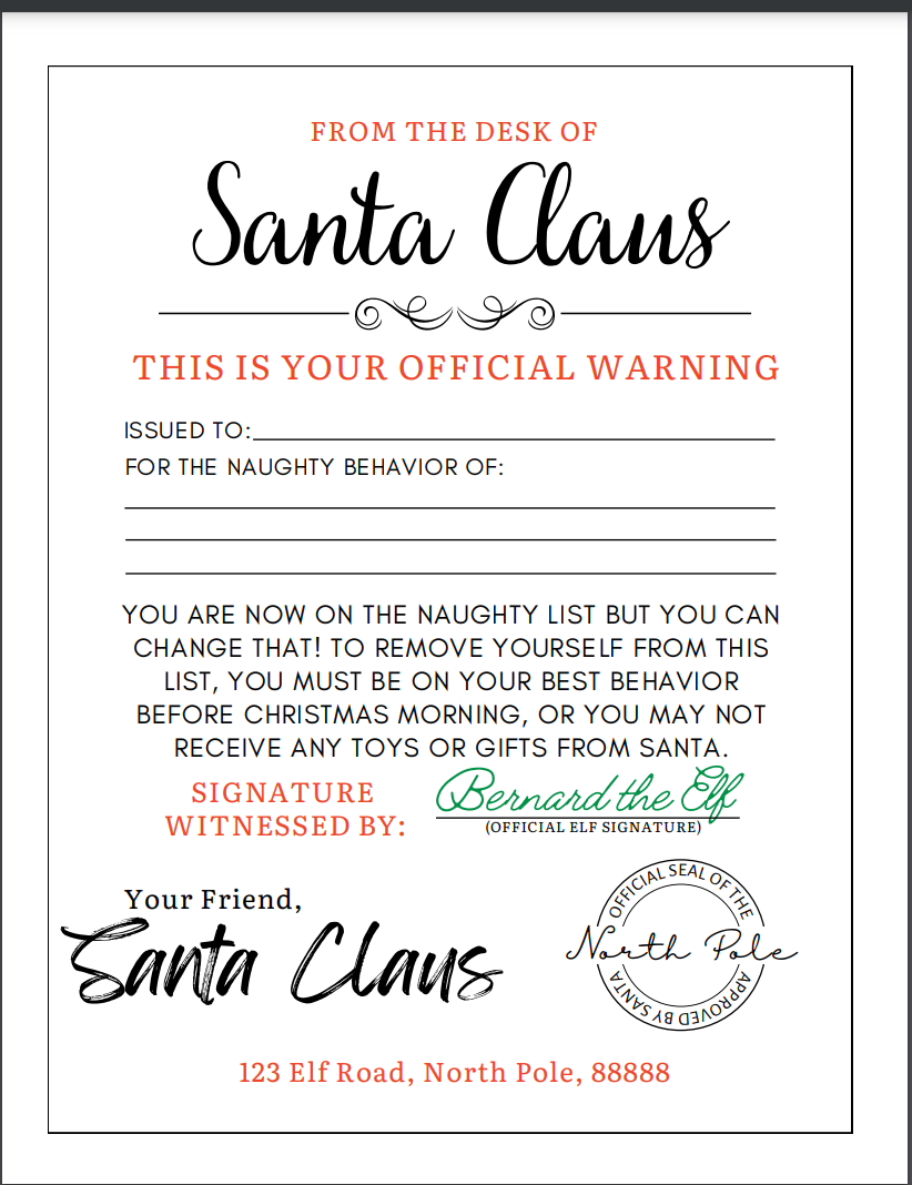 Santa Claus Warning Letter for Naughty Child