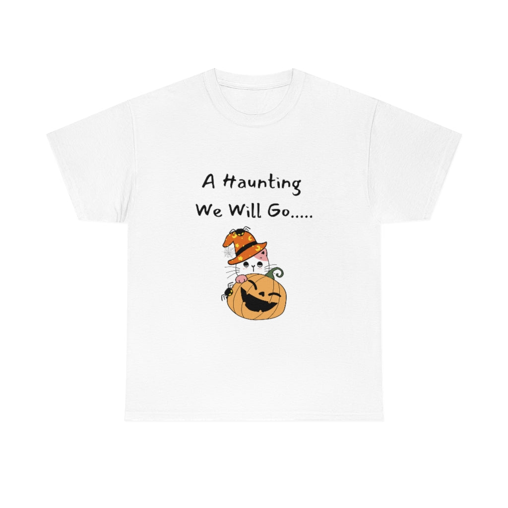 A Haunting We Will Go Pumpkin Cat Spooky Trendy Preppy Cute Funny Halloween Heavy Cotton Tee - The Good Life Vibe