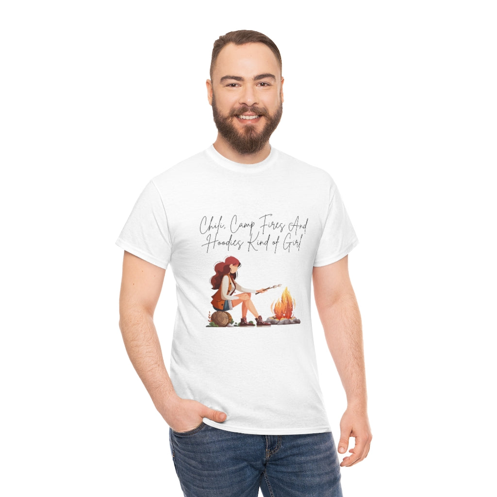 Chili, Camp Fires and Hoodie Kind of Girl Tshirt Fall Tee Camping T-shirt Autumn Clothes Outdoor Lover Shirt Chili Lover Camp Fire Lover - The Good Life Vibe