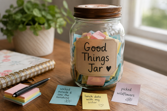 Good Things Jar filled with colorful notes to save happy memories and small wins for hard da