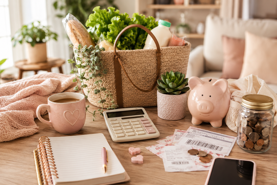 Cozy home budgeting setup with groceries, coupons, calculator, coffee mug, and money saving tools for chronic illness budgeting.