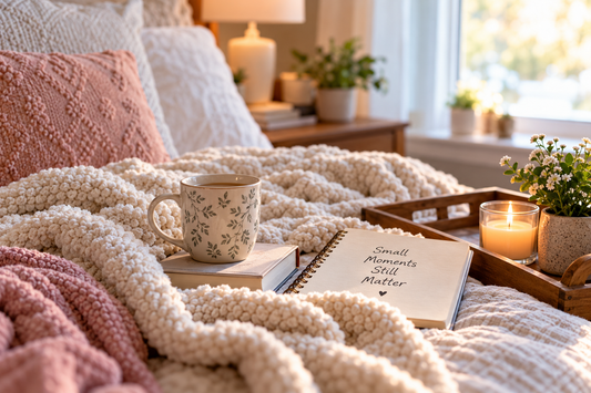 Cozy resting space with a warm drink, soft blanket and notebook