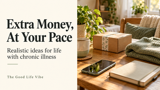 Extra Money, At Your Pace: realistic ideas for life with chronic illness, beside a parcel, sweater, phone and notebook