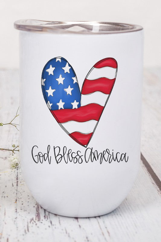 Patriotic God Bless America Heart Wine Cup Tumbler