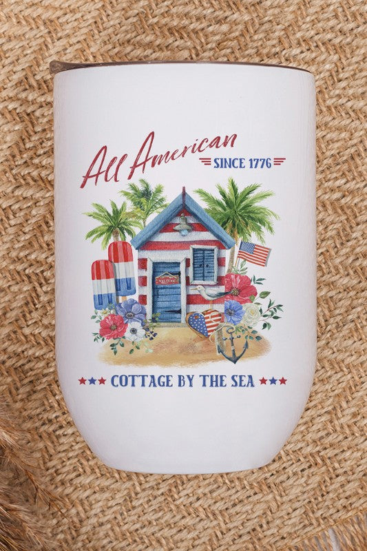 Patriotic Cottage by the Sea Wine Cup Tumbler