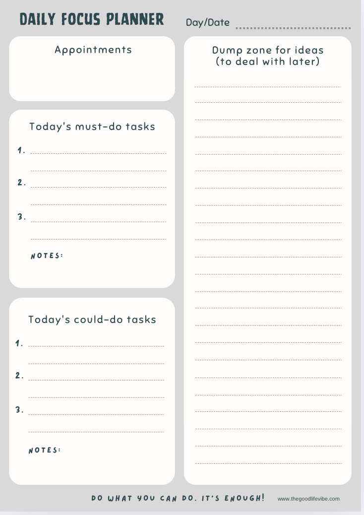 Daily Focus Planner Digital Download Sheet