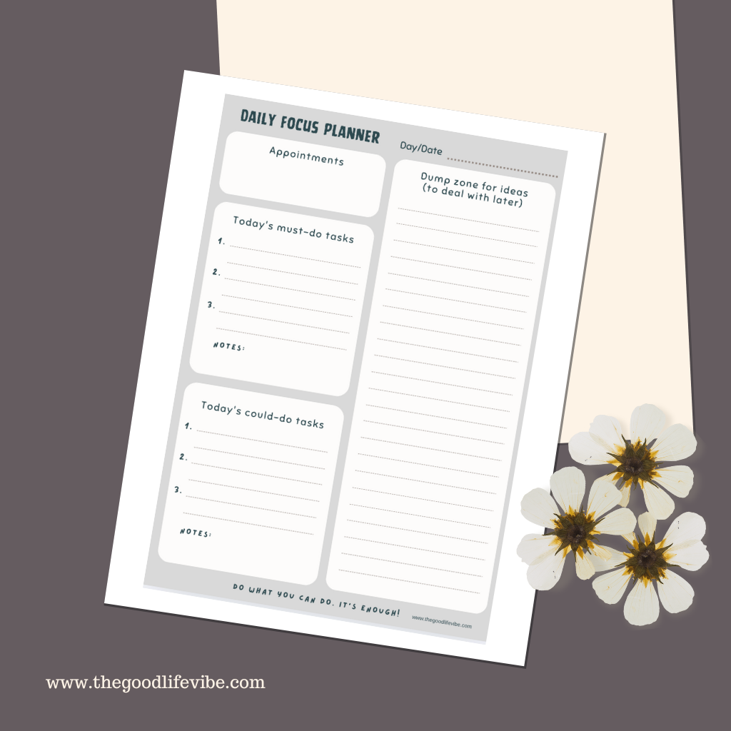 Daily Focus Planner Digital Download Sheet