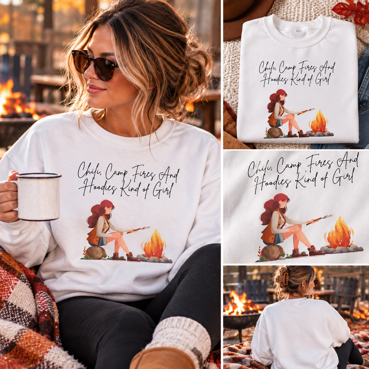 Lifestyle collage of the white Chili Camp Fires and Hoodies Kind of Girl crewneck sweatshirt by a campfire