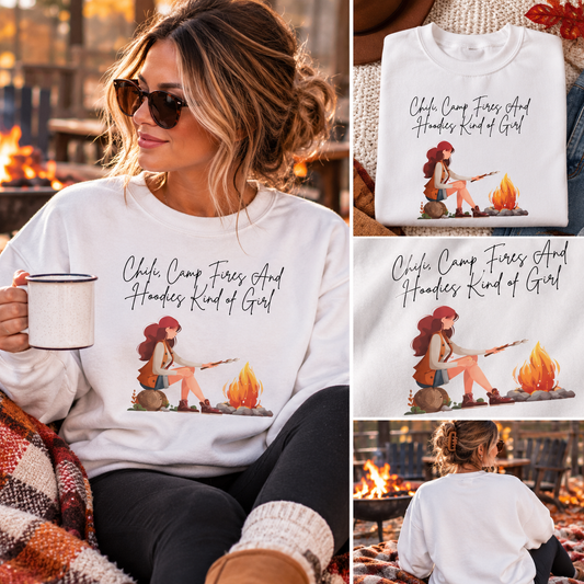 Lifestyle collage of the white Chili Camp Fires and Hoodies Kind of Girl crewneck sweatshirt by a campfire