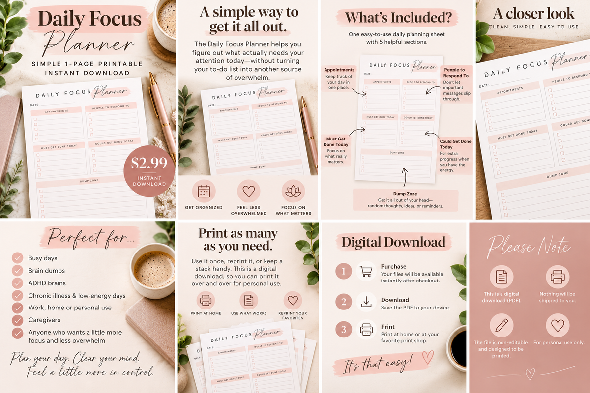 Daily Focus Planner printable features and digital download overview