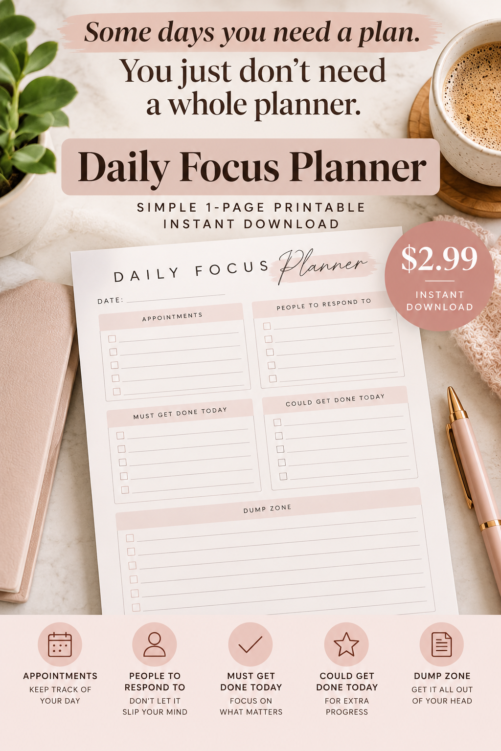 Daily Focus Planner simple one-page printable for appointments, priorities, responses and brain dump