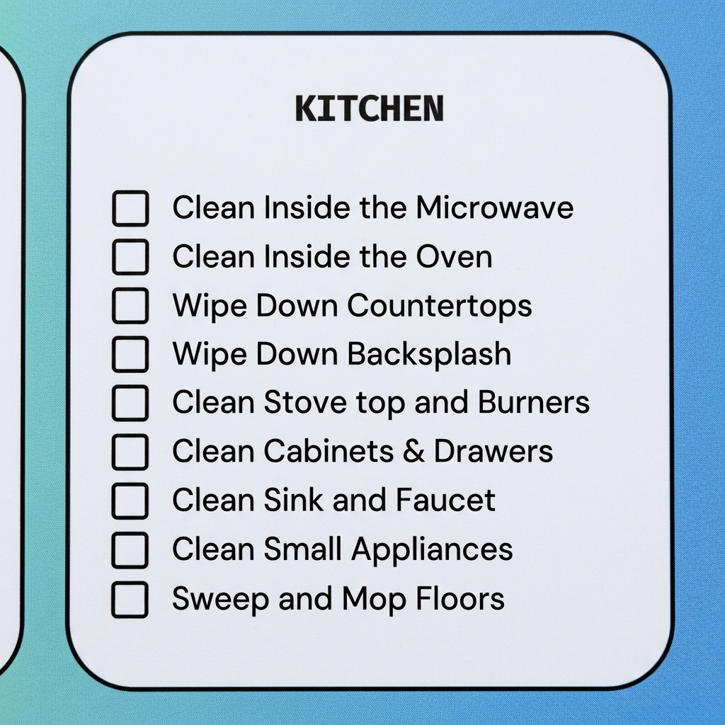 Close-up of the Kitchen section of the printable cleaning checklist, showing nine cleaning tasks with checkboxes.
