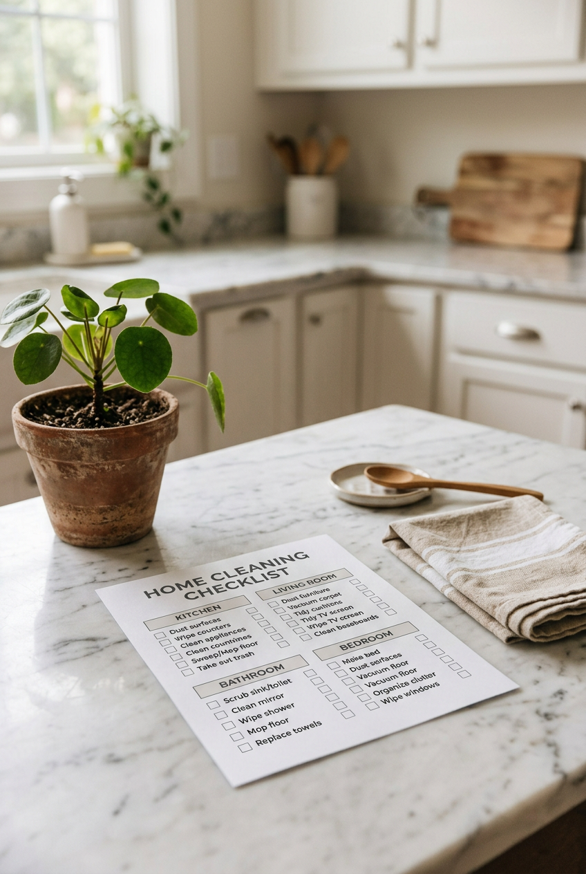 Printed room-by-room cleaning checklist lying on a white marble countertop next to a green plant
