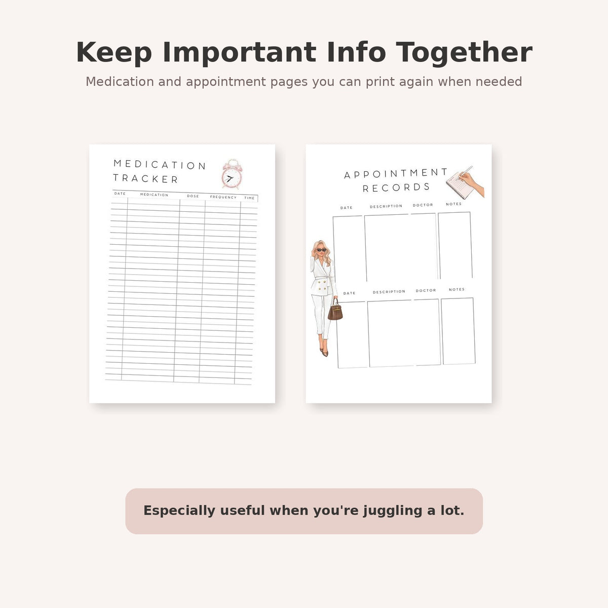 Printable medication tracker and appointment record pages