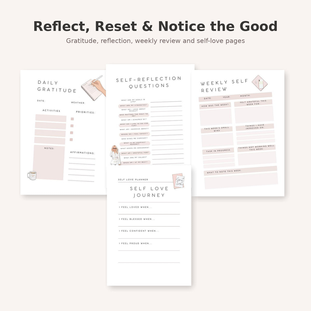 Gratitude reflection weekly review and self-love printable pages