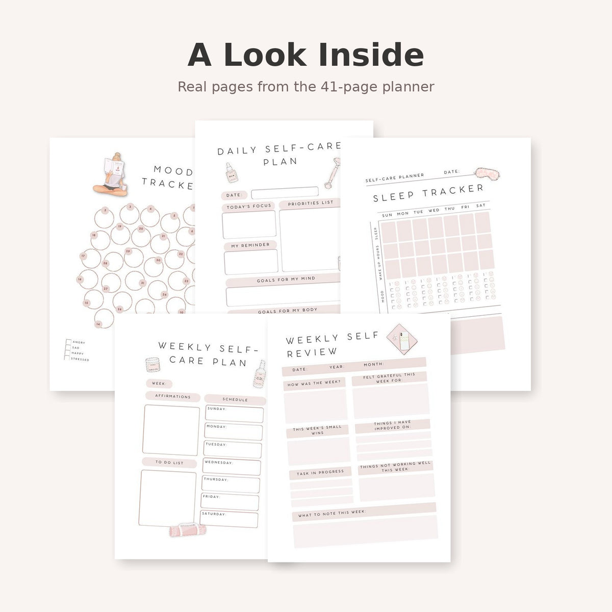 Look inside the 41-page printable self-care and wellness planner