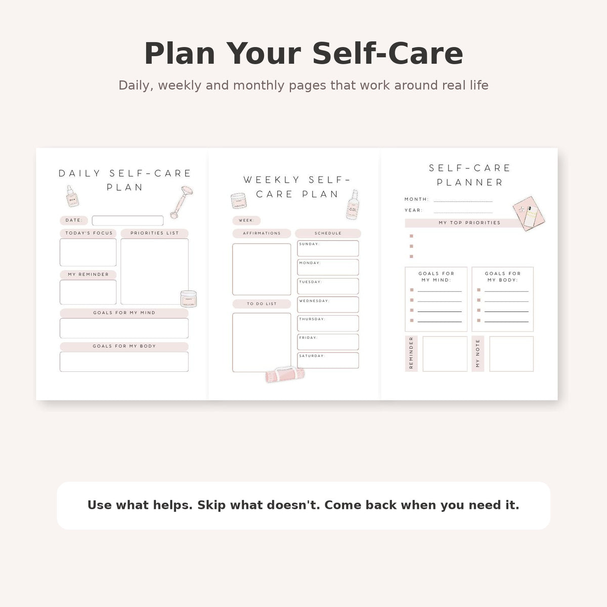 Daily weekly and monthly self-care planning pages