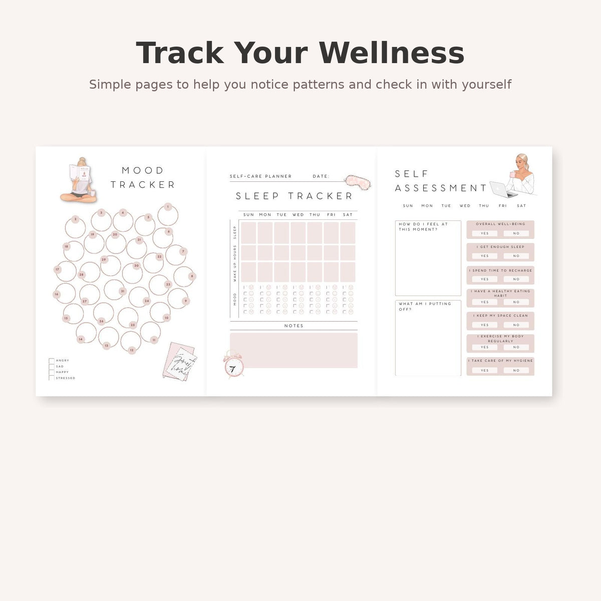 Mood sleep and self-assessment wellness tracker pages