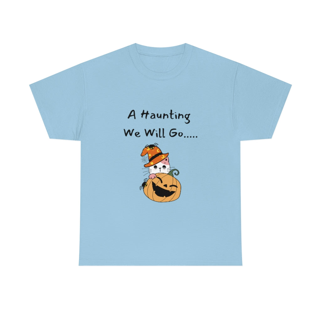 A Haunting We Will Go Pumpkin Cat Spooky Trendy Preppy Cute Funny Halloween Heavy Cotton Tee - The Good Life Vibe