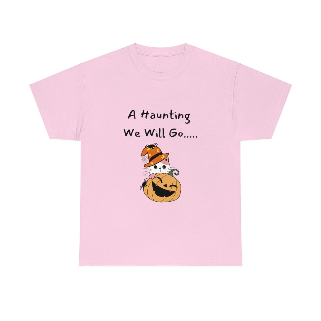A Haunting We Will Go Pumpkin Cat Spooky Trendy Preppy Cute Funny Halloween Heavy Cotton Tee - The Good Life Vibe