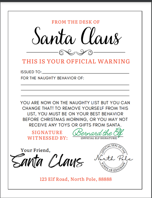 Santa Claus Warning Letter for Naughty Child