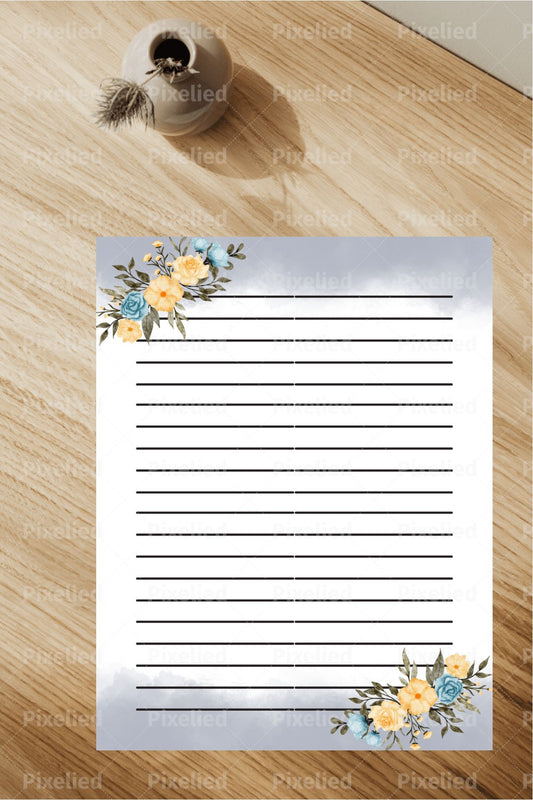 Blue Flowers Printable Stationery 1036, Digital Paper, Printable Paper, Instant Download, Lined Paper, Writing Paper, Journal Paper, Printable Paper, Journal Note Paper, Printable Note Paper - The Good Life Vibe